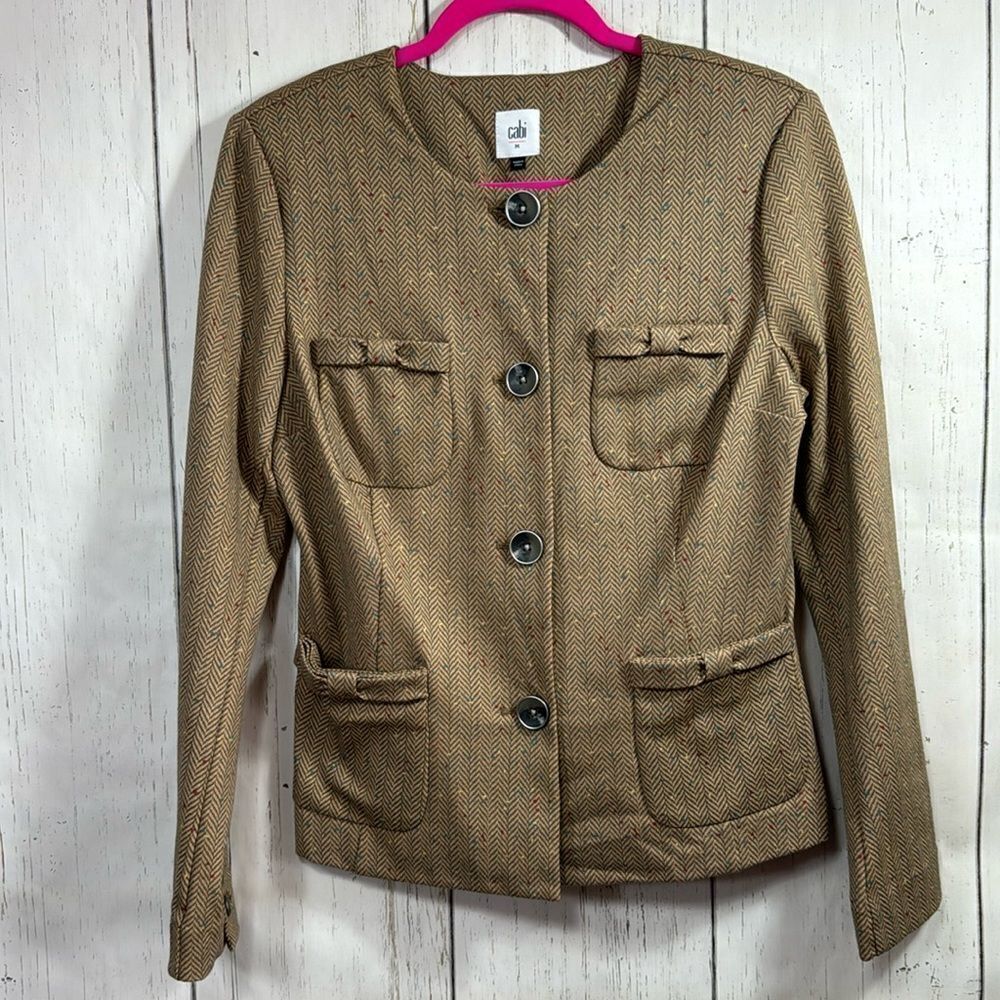 Cabi Herringbone Tweed Button Front Jacket Womens M Classic Workwear Preppy